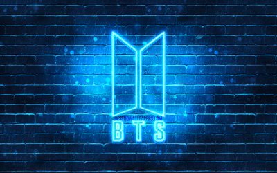 BTS blue logo, 4k, Bangtan Boys, blue brickwall, BTS logo, korean band, BTS neon logo, BTS