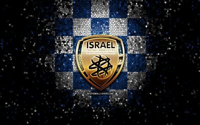 Squadra di calcio israeliana, logo glitter, UEFA, Europa, sfondo a scacchi bianco blu, arte del mosaico, calcio, squadra nazionale di calcio israeliana, logo IFA, Israele