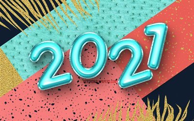 4k, Happy New Year 2021, golden palms, blue balloons digits, 2021 pink digits, 2021 concepts, 2021 year digits, 2021 new year, 2021 on colorful background