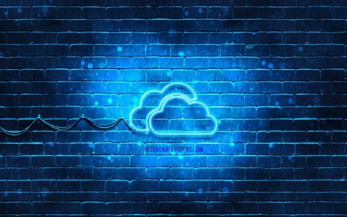 wolken neon symbol, 4k, blauer hintergrund, neon symbole, wolken, kreativ, wolken zeichen, computer zeichen, wolken symbol, computer symbole