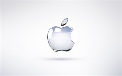Logo in vetro Apple, sfondi grigi, minimalismo, creativit&#224;, grafica, logo Apple, marchi, Apple