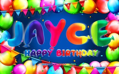 Buon compleanno Jayce, 4k, cornice di palloncini colorati, nome Jayce, sfondo blu, buon compleanno Jayce, compleanno di Jayce, nomi maschili americani popolari, concetto di compleanno, Jayce