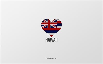 Hawaii&#39;yi seviyorum, Amerika Birleşik Devletleri, gri arka plan, Hawaii Eyaleti, ABD, Hawaii bayrak kalbi, favori şehirler