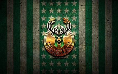 Milwaukee Bucks bayrağı, NBA, yeşil kahverengi metal arka plan, amerikan basketbol kul&#252;b&#252;, Milwaukee Bucks logosu, ABD, basketbol, altın logo, Milwaukee Bucks