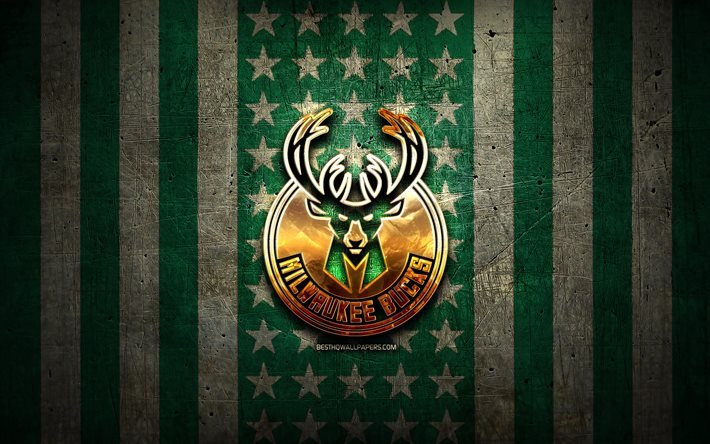 Milwaukee Bucks -lippu, NBA, vihre&#228; ruskea metallitausta, amerikkalainen koripalloseura, Milwaukee Bucks-logo, USA, koripallo, kultainen logo, Milwaukee Bucks