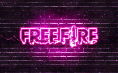Garena Free Fire logo viola, 4k, brickwall viola, logo Free Fire, giochi 2020, Free Fire, logo Garena Free Fire, Free Fire Battlegrounds, Garena Free Fire