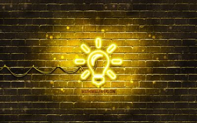 lampen-neon-symbol, 4k, gelber hintergrund, ideenkonzepte, neon-symbole, lampe, kreativ, lampenzeichen, transportzeichen, lampen-symbol, gesch&#228;ftsikonen, ideen-symbol, ideenzeichen