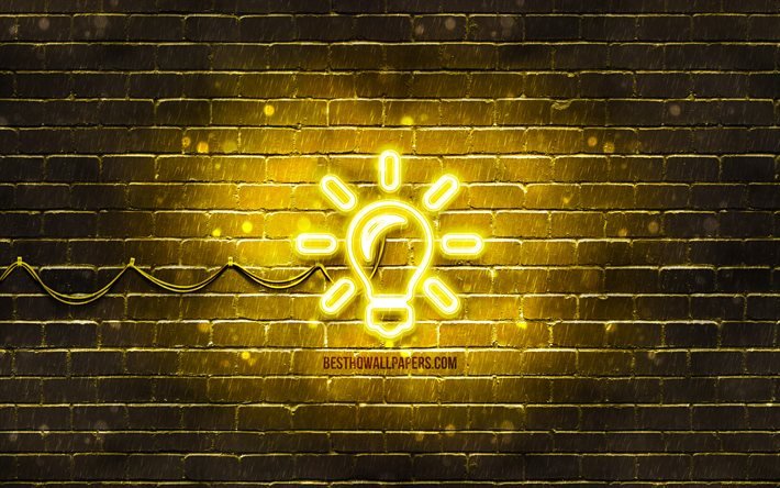 ランプネオンアイコン, 4k, 黄色の背景, アイデアの概念, ネオン記号, ランプ, creative クリエイティブ, ネオンアイコン, ランプサイン, 交通標識, ランプアイコン, ビジネスアイコン, アイデアアイコン, アイデアサイン