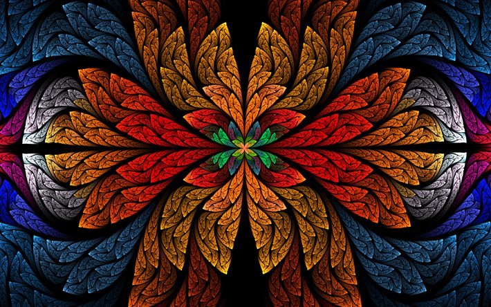 fractales, adornos florales, anillos, fondos coloridos, patrones florales, arte de ne&#243;n, fondos florales abstractos, creativo, obra de arte, arte fractal