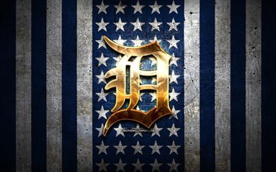 Bandeira dos Detroit Tigers, MLB, fundo de metal branco azul, time americano de beisebol, logotipo dos Detroit Tigers, EUA, beisebol, Detroit Tigers, logotipo dourado