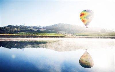 air balloon, lake, balloon, green meadow, sky