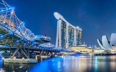 Singapur, Marina Bay Sands, H&#233;lice Puente, luces de la ciudad, la bah&#237;a, la noche