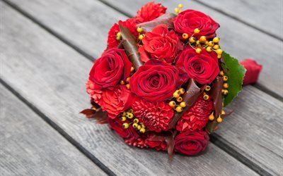 des roses rouges, bouquet de mariage, romantique bouquet de roses, bouquet de la mari&#233;e