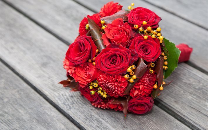 des roses rouges, bouquet de mariage, romantique bouquet de roses, bouquet de la mari&#233;e