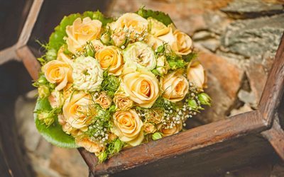 ロマンティックな花束, オレンジのバラ, バラのお花のブーケ, 結婚式の花束, バラ