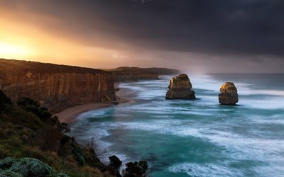 coast, rocks, ocean, waves, Australia, sunset