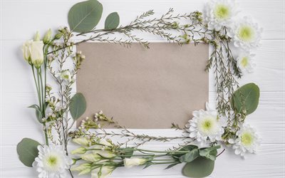 chrysanthemums, eustoma, paper frame, spring, spring flowers, flower frame
