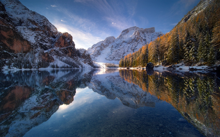 lago de monta&#241;a, invierno, paisaje, monta&#241;a, bosque, nieve