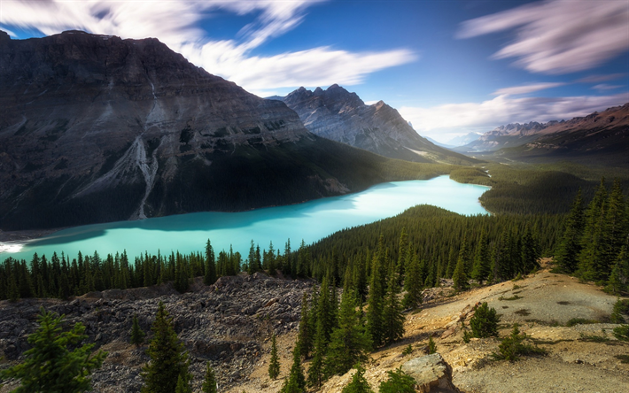 山湖, カナダ, 森林, 氷河湖, 山々
