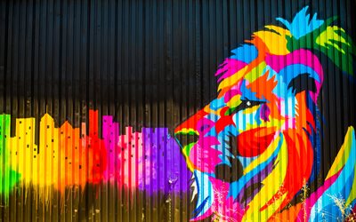 4k, ライオン, 美術, グラフィティ, ストリートアート, 壁