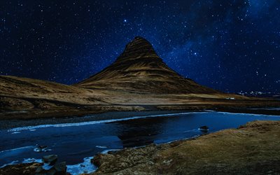 Kirkjufell, Church mountain, Icelandic landmarks, nightscapes, Iceland