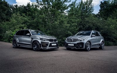 Mercedes GLE, BMW X5M, 2017, tuning, ylellisyytt&#228; MAASTOAUTO, harmaa tuning X5, RENEGADE, Mercedes