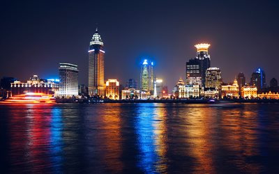 La Rivi&#232;re Huangpu, 4k, les paysages nocturnes, gratte-ciel, Shanghai, Chine, Asie