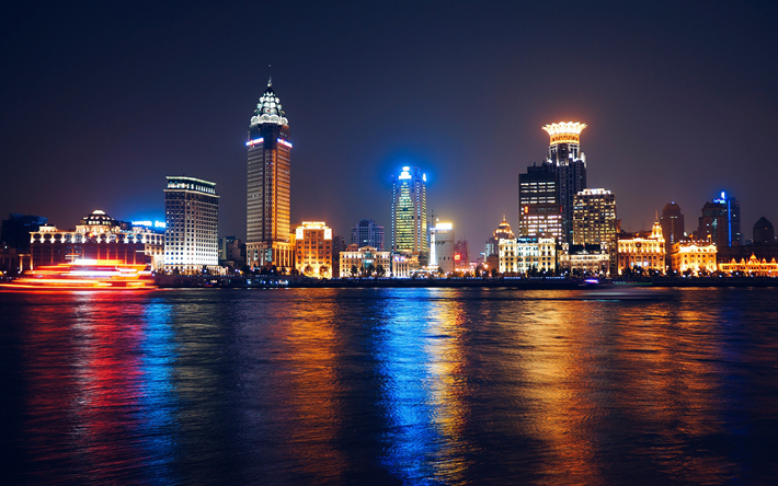 Huangpu Nehri, 4k, nightscapes, g&#246;kdelenler, Shanghai, &#199;in, Asya