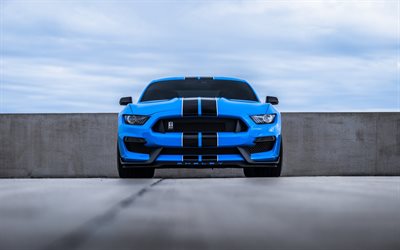 Ford Mustang, 2017, vista frontal, ajuste, azul coup&#233; desportivo, American sports car, Mustang Cobra, Ford