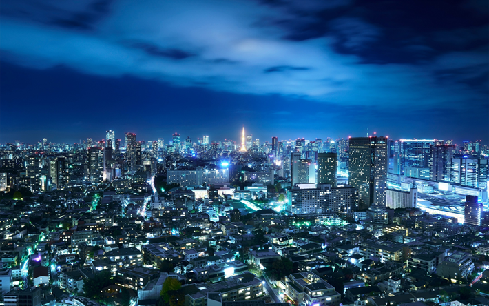 Tokyo, natt, metropol, stadens ljus, night city, Japan