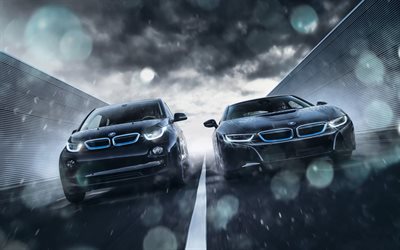 i3 vs i8, la pista, la BMW i8, BMW i3, 2018 cars, road, BMW