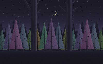 4k, 夜, 森林, 材料設計, 美術, 月