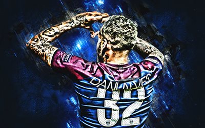 Dani Alves, sininen kivi, brasilialainen jalkapalloilija, PSG FC, takaisin n&#228;kym&#228;, League 1, Paris Saint-Germain, Daniel Alves da Silva, jalkapallo t&#228;hte&#228;, grunge, jalkapallo