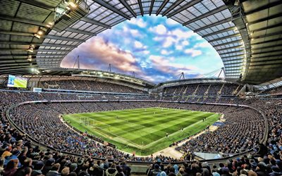 All&#39;Etihad Stadium, stadio pieno, i tifosi del Manchester City Stadium, match, calcio, stadio di calcio, Manchester City FC, inglese stadi