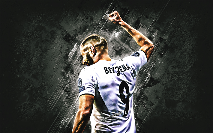 Karim Benzema, black stone, Real Madrid FC, back view, french footballers, La Liga, soccer, grunge, Benzema, football, football stars, Spain