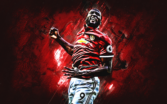 Romelu Lukaku, pedra vermelha, O Manchester United FC, meta, Belga de futebol, Premier League, Inglaterra, Lukaku, grunge, futebol, Man United
