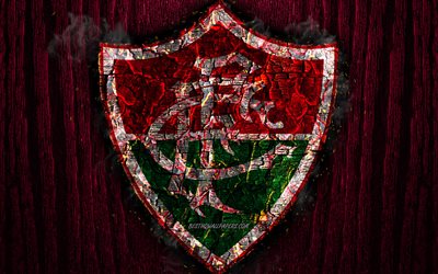 Fluminense FC, logo, Brezilya Seria, mor ahşap arka plan, Brezilya Futbol Kul&#252;b&#252; Fluminense, grunge, futbol, Fluminense logo, yangın doku yakılmış, Brezilya