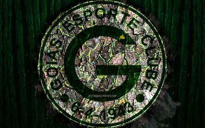 Goias FC, scorched logo, Brazilian Seria A, green wooden background, brazilian football club, Goias EC, grunge, football, soccer, Goias logo, fire texture, Brazil