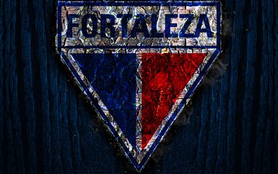 Fortaleza FC, scorched logo, Brazilian Seria A, blue wooden background, brazilian football club, Fortaleza EC, grunge, football, soccer, Fortaleza logo, fire texture, Brazil