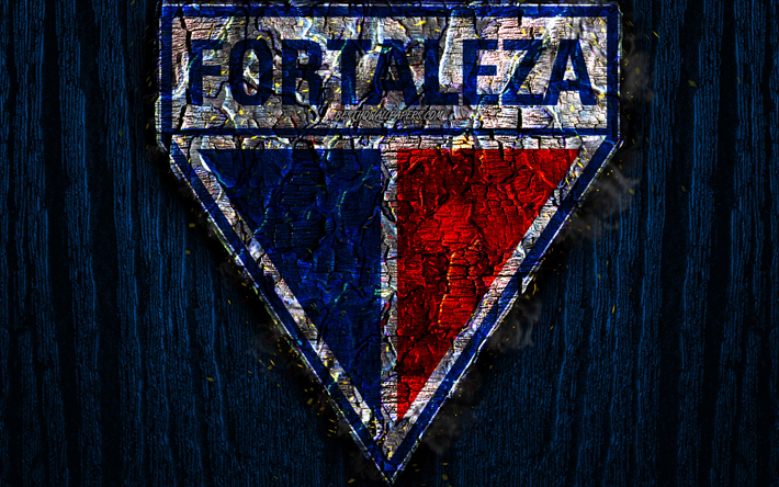 Fortaleza FC, bruciata logo, Brasiliano di Serie A, blu sfondo di legno, brazilian football club, Fortaleza, CE, grunge, calcio, logo, texture del fuoco, Brasile