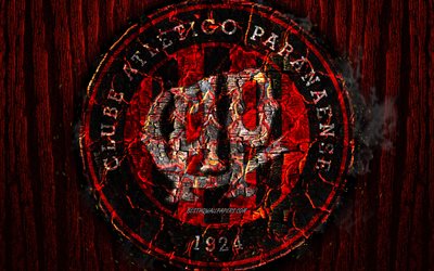 Atletico Paranaense FC, scorched logo, Brazilian Seria A, red wooden background, brazilian football club, Athletico-PR, grunge, football, soccer, Atletico Paranaense logo, fire texture, Brazil
