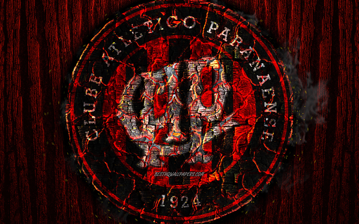 L&#39;Atletico Paranaense FC, bruciata logo, Brasiliano di Serie A, rosso, di legno, sfondo, brasiliana di calcio club Athletico-PR, grunge, calcio, Atletico Paranaense logo, texture del fuoco, Brasile