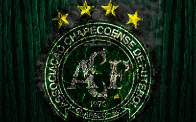 Chapecoense FC, scorched logo, Brazilian Seria A, green wooden background, brazilian football club, Chapecoense SC, grunge, football, soccer, Chapecoense logo, fire texture, Brazil