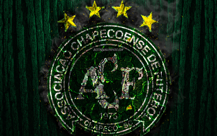 Chapecoense FC, poltetun logo, Brasilian Seria A, vihre&#228; puinen tausta, brasilialainen jalkapalloseura, Chapecoense SC, grunge, jalkapallo, Chapecoense logo, palo-rakenne, Brasilia