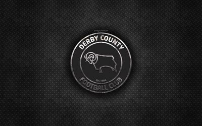 Derby County FC, İngiltere Futbol Kul&#252;b&#252;, siyah metal doku, metal logo, amblem, Derby, İngiltere, HAZIRLIK Şampiyonası, yaratıcı sanat, futbol