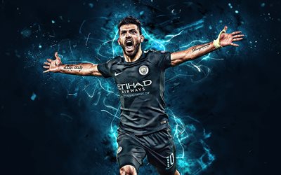 Sergio Aguero, black uniform, Manchester City FC, goal, argentine footballers, soccer, Kun Aguero, Premier League, Man City, neon lights
