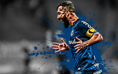 Douglas, 4k, Brazilian football player, Gremio, midfielder, blue paint splashes, creative art, Serie A, Brazil, football, grunge, Douglas dos Santos