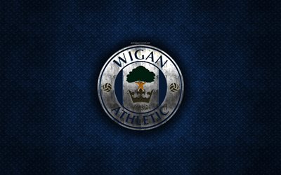 Wigan Athletic FC, Englannin football club, sininen metalli tekstuuri, metalli-logo, tunnus, Wigan, Englanti, EFL-Mestaruuden, creative art, jalkapallo