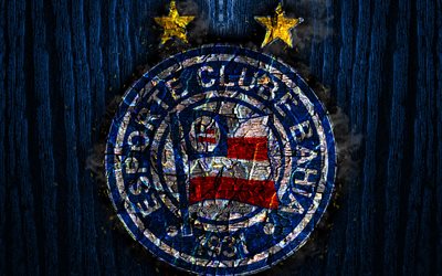 Bahia FC, scorched logo, Brazilian Seria A, blue wooden background, brazilian football club, EC Bahia, grunge, football, soccer, Bahia logo, fire texture, Brazil