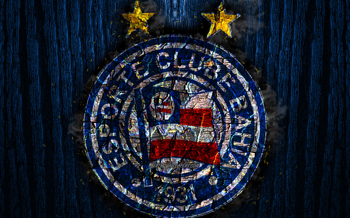 bahia fc, verbrannten logo, brasilianischen seria a, blau holz-hintergrund, brasilianische fu&#223;ball-club, ec bahia, grunge, fu&#223;ball, bahia logo -, feuer-textur, brasilien